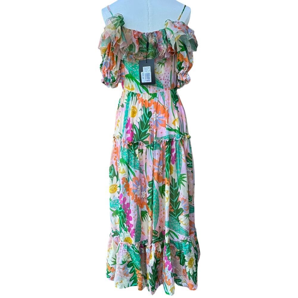 Jessie Liu Silk Summer Floral Tiered Ruffled Midi Dress Resort Pink NWT Small - Picture 3 of 9